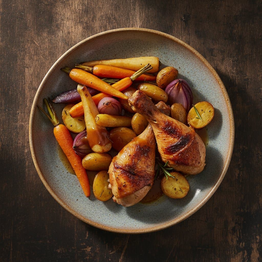 Hähnchenschenkel mit Gemüse und Kartoffeln
