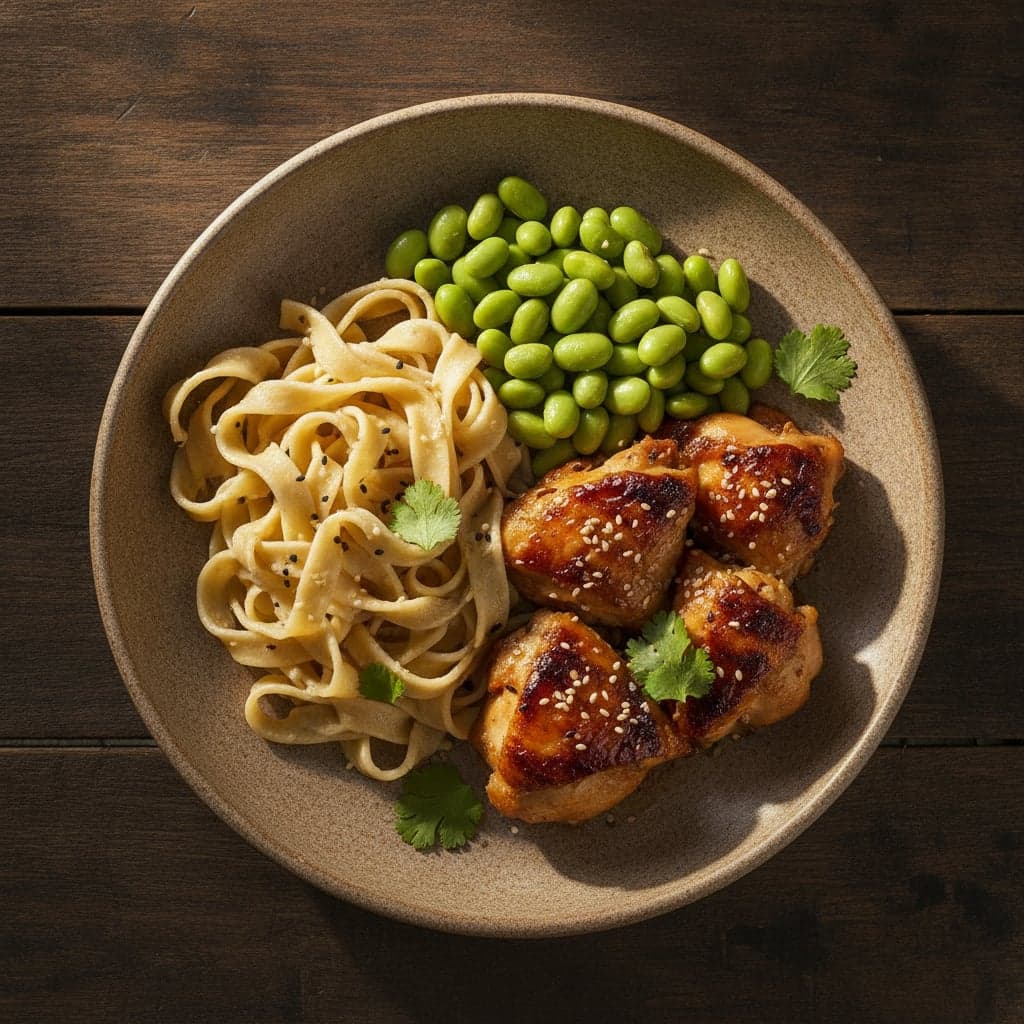 Hähnchen mit Edamame und Nudeln