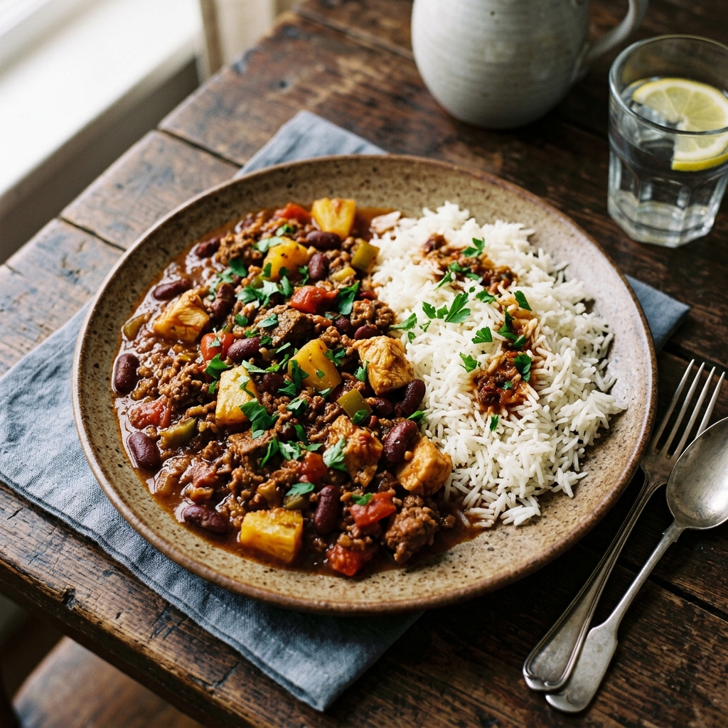 Chili con Carne, Reis & Hähnchen mit Ananas