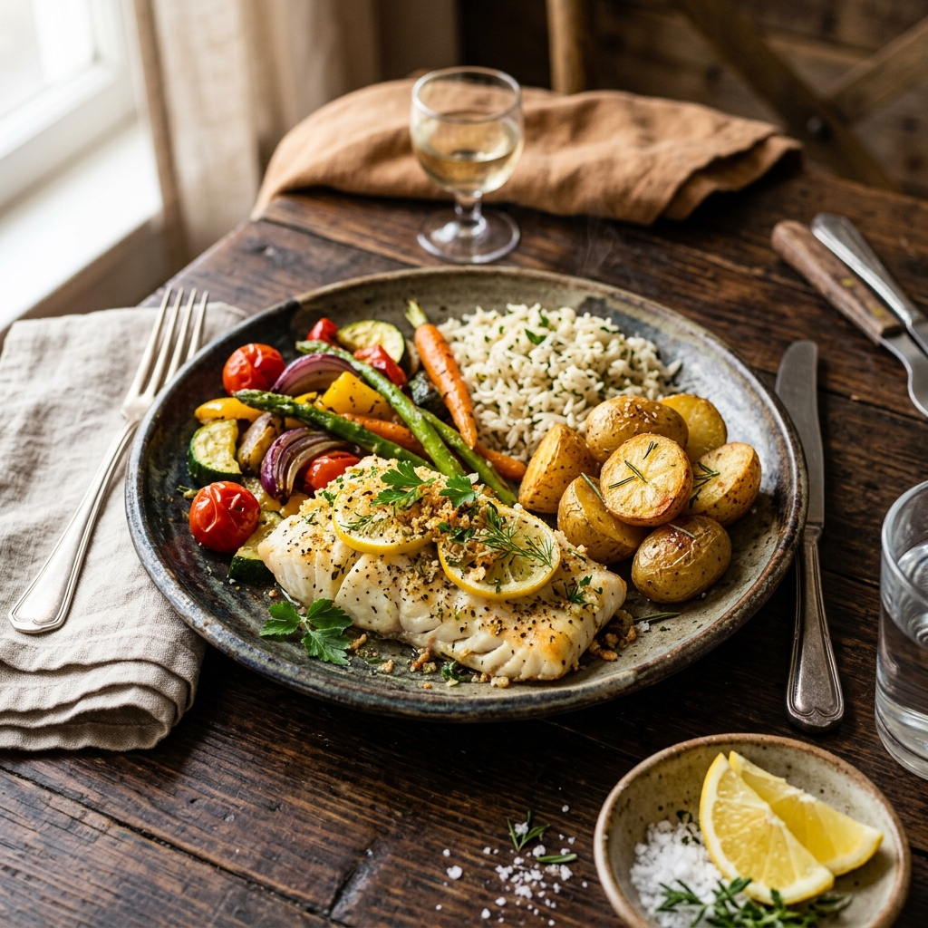 Fisch mit Gemüse, Reis & Kartoffeln