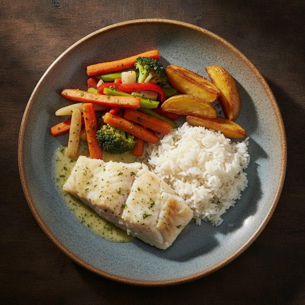 Fisch mit Gemüse, Reis und Kartoffeln