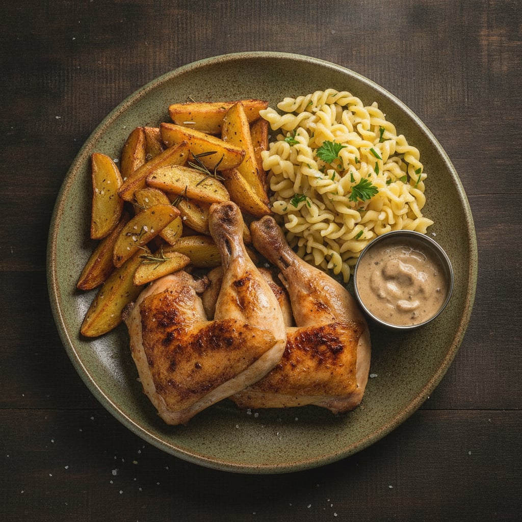Gegrillte Hähnchenviertel mit Backkartoffeln & Nudeln