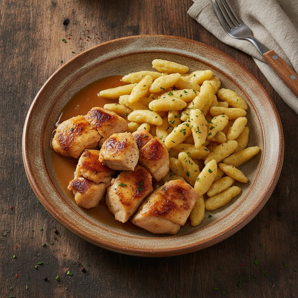 Gegrilltes Hähnchen aus dem Ofen mit Nudeln