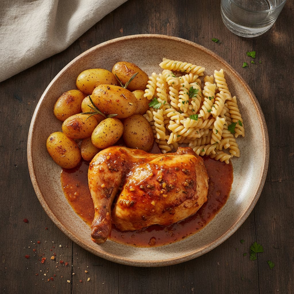 Grillhähnchen mit Sauce, Kartoffeln & Nudeln