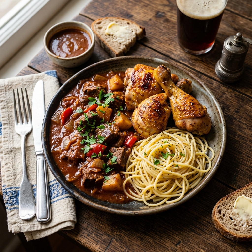Gulasch, Brathähnchen & Spaghetti