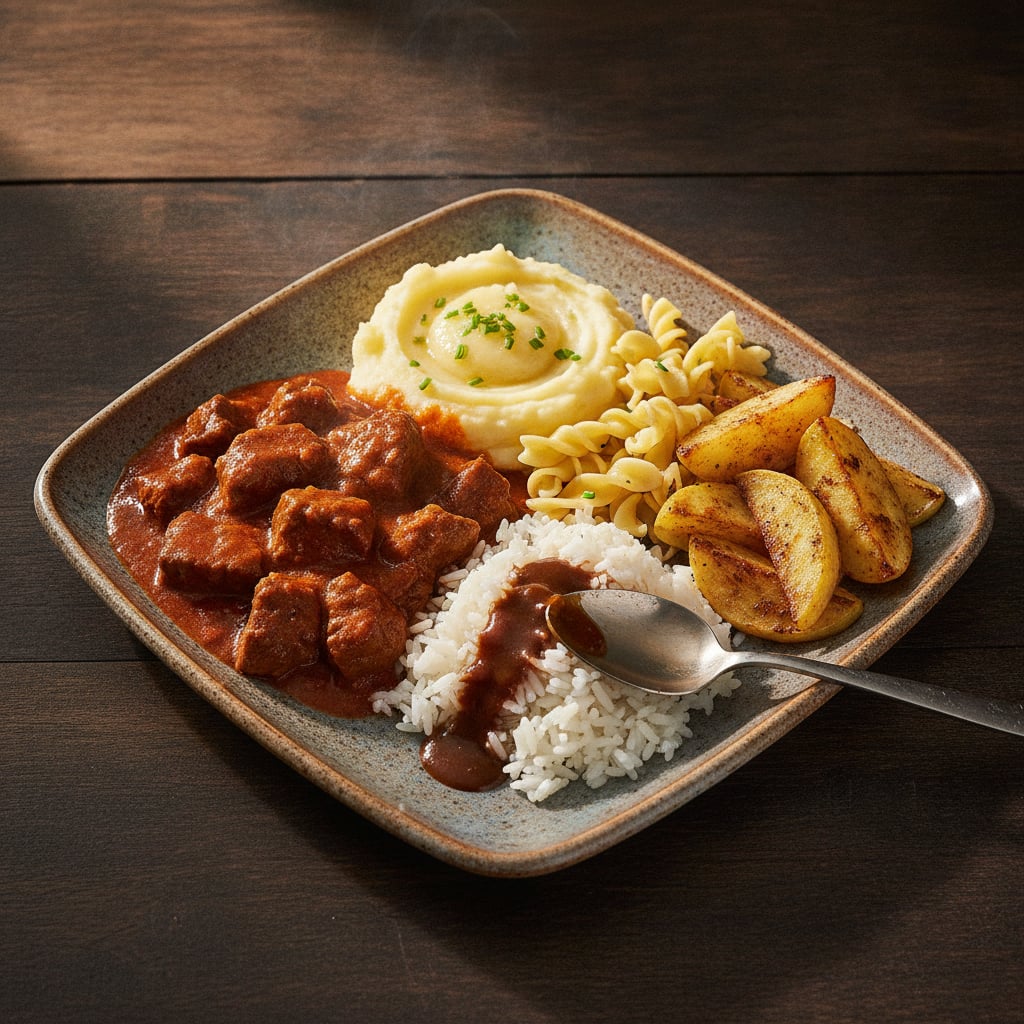 Gulasch mit Kartoffelpüree, Nudeln & Reis