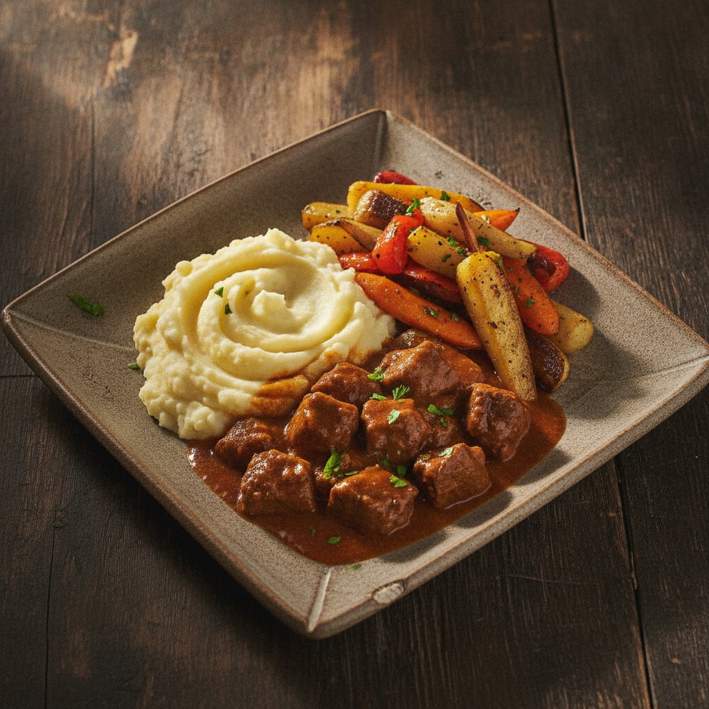 Gulasch mit Kartoffelpüree & Ofengemüse