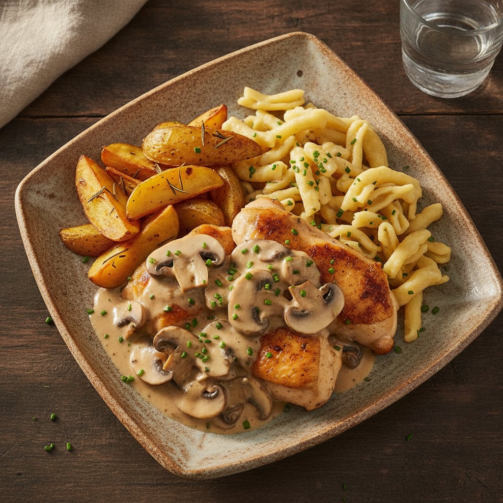 Hähnchen in Champignon-Rahmsoße mit Kartoffeln & Nudeln
