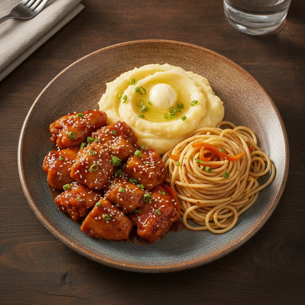 Hähnchen in chinesischer Sauce mit Kartoffelpüree & Spaghetti