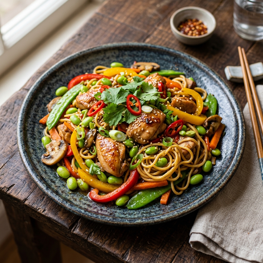 Hähnchen in chinesischer Sauce mit Nudeln