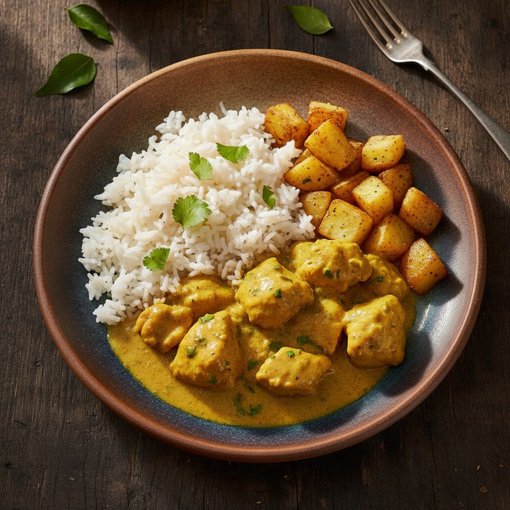 Hähnchen in Currysauce mit Reis & Kartoffeln