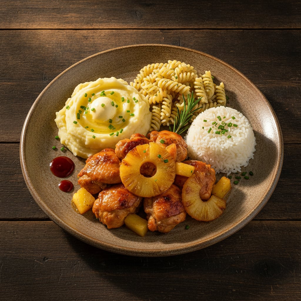 Hähnchen mit Ananas, dazu Kartoffelpüree, Nudeln & Reis