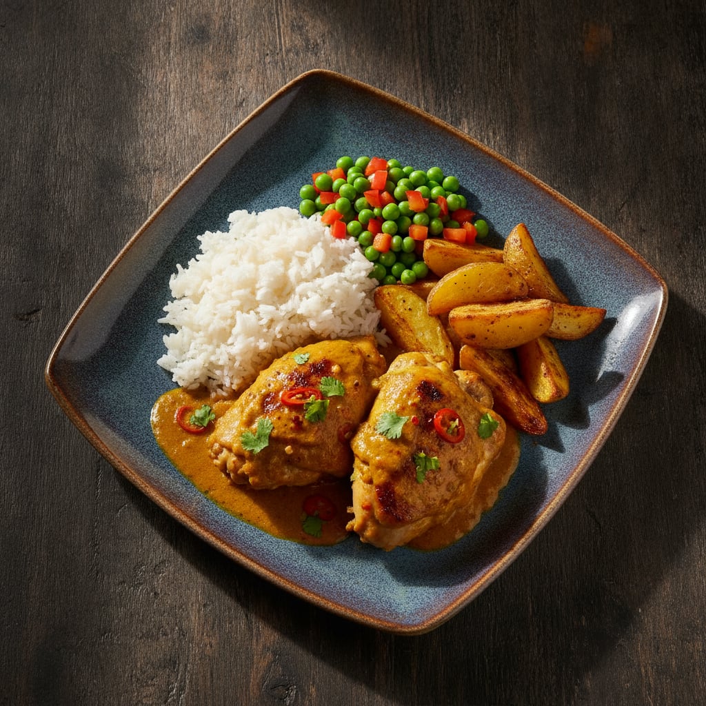 Hähnchenschenkel in Currysauce mit Reis & Kartoffeln