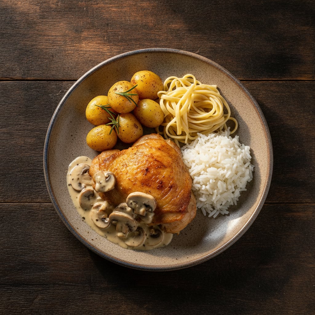 Hähnchenschenkel mit Champignons in Rahmsoße, dazu Kartoffeln, Nudeln & Reis