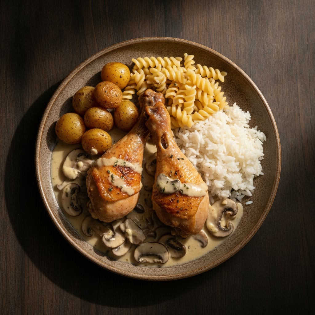 Hähnchenschenkel mit Champignons in Sahnesauce, dazu Kartoffeln, Nudeln & Reis