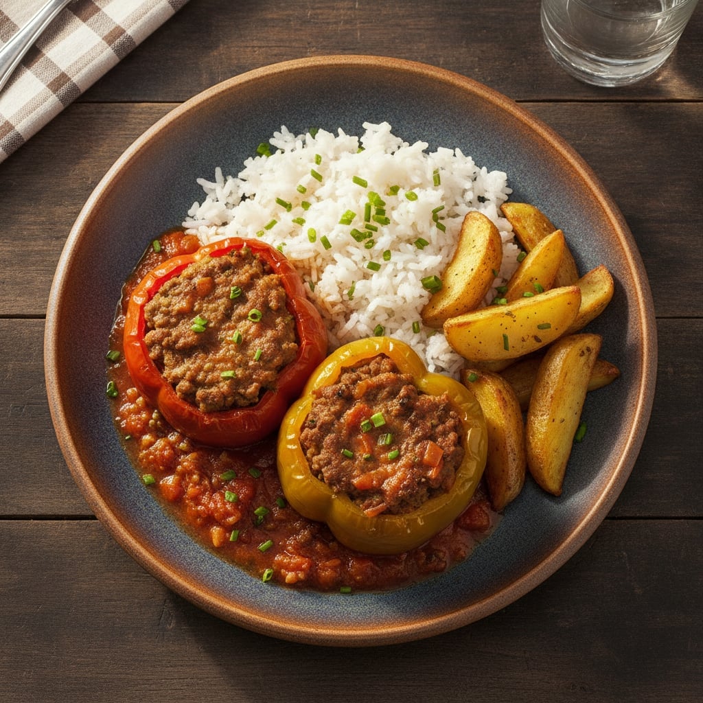 Mit Fleisch gefüllte Paprika mit Reis & Kartoffeln