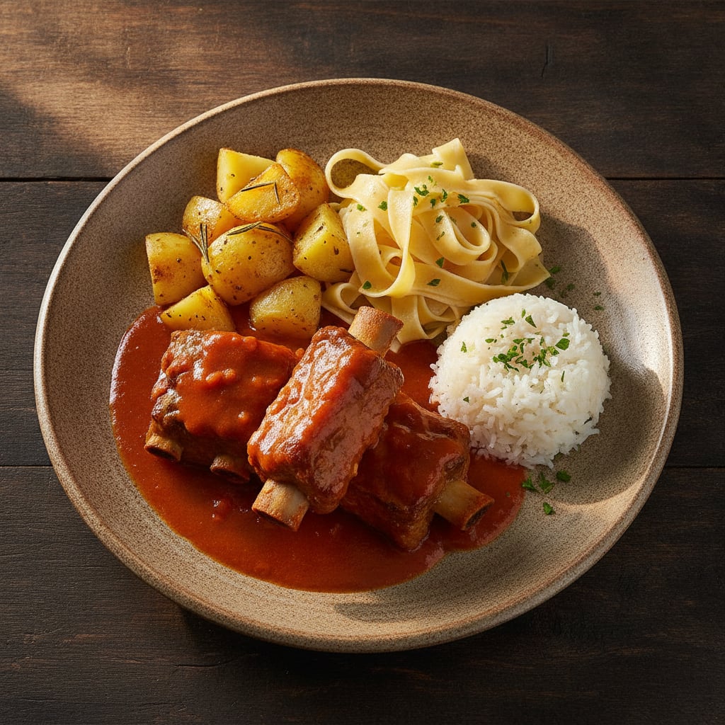 Rippchen in Tomatensauce mit Kartoffeln, Nudeln & Reis