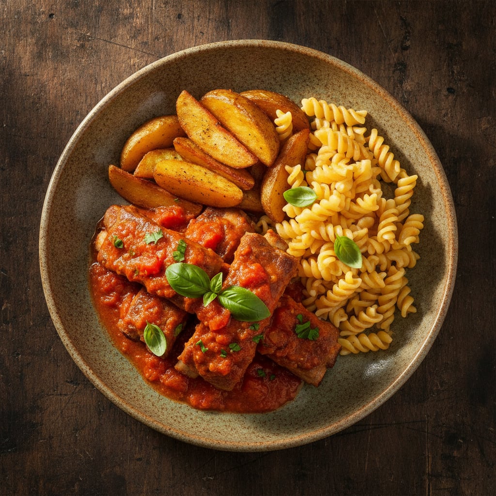 Rippchen in Tomatensauce mit Kartoffeln & Nudeln