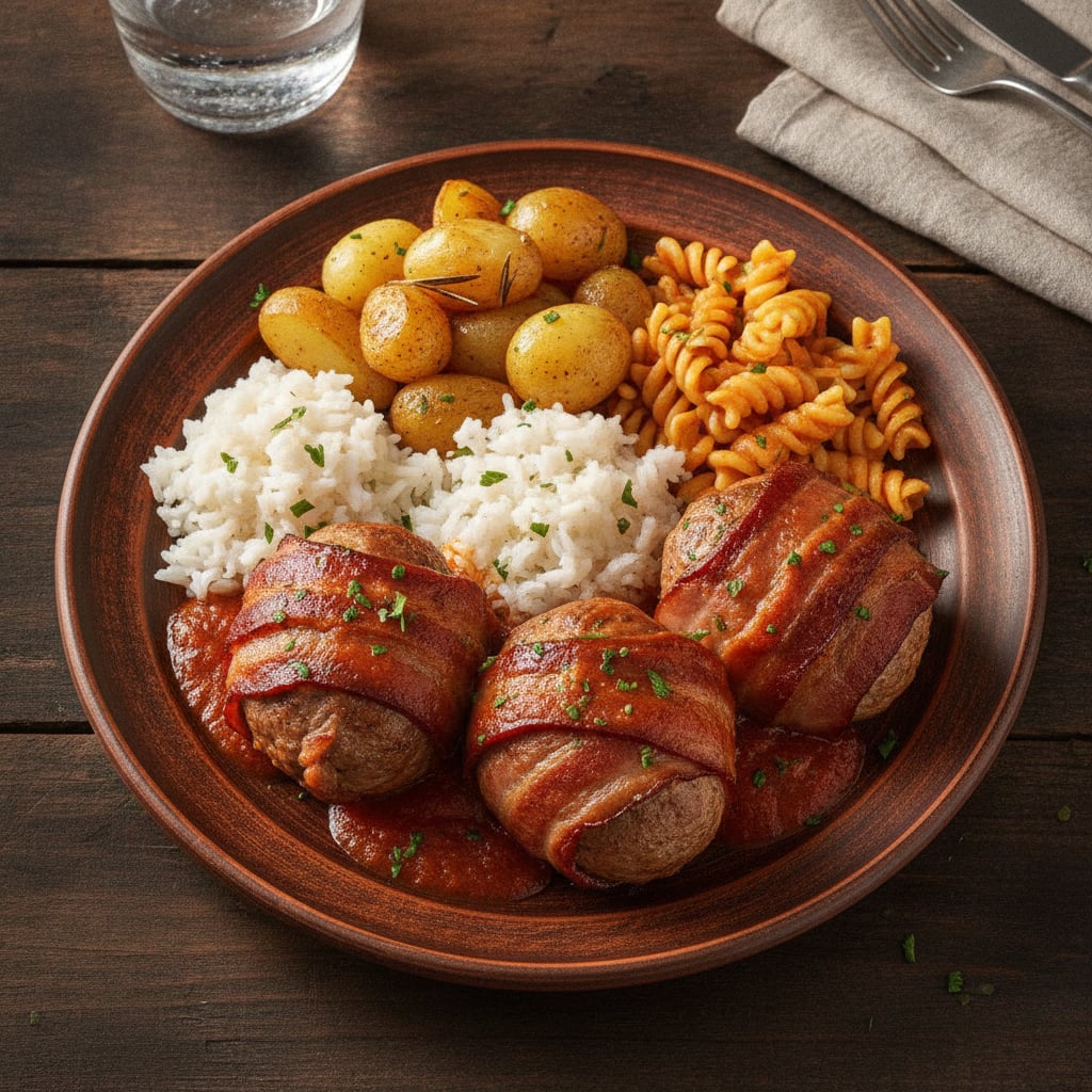 Rouladen mit Bacon in Tomatensauce, dazu Kartoffeln, Reis & Nudeln