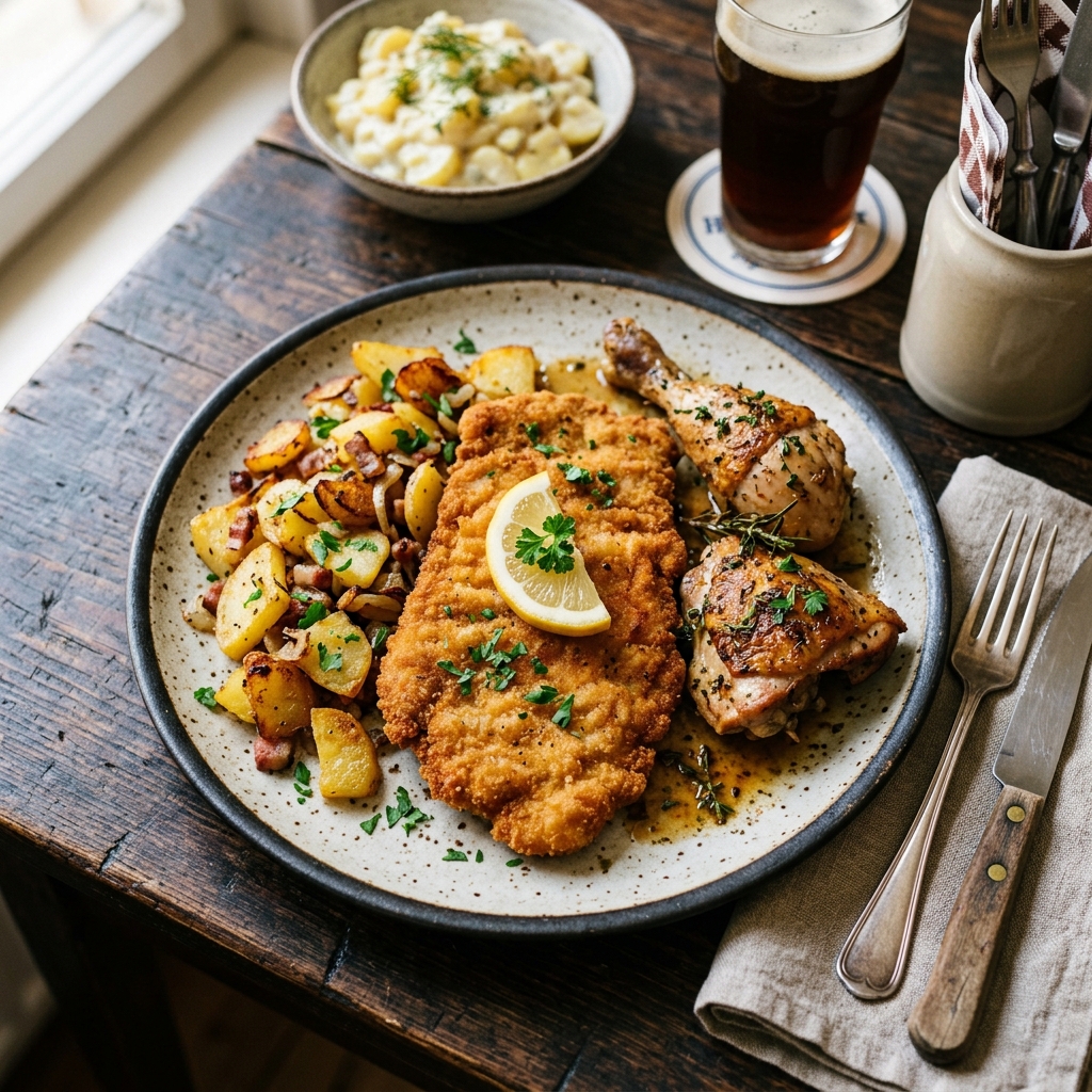 Schnitzel mit Backkartoffeln & Hähnchen