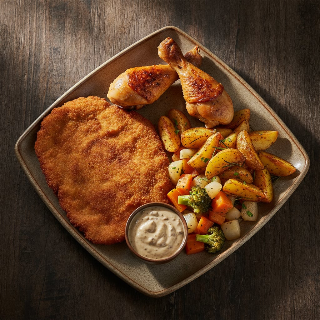 Schnitzel mit Ofenkartoffeln & gebackenen Hähnchenschenkeln mit Gemüse