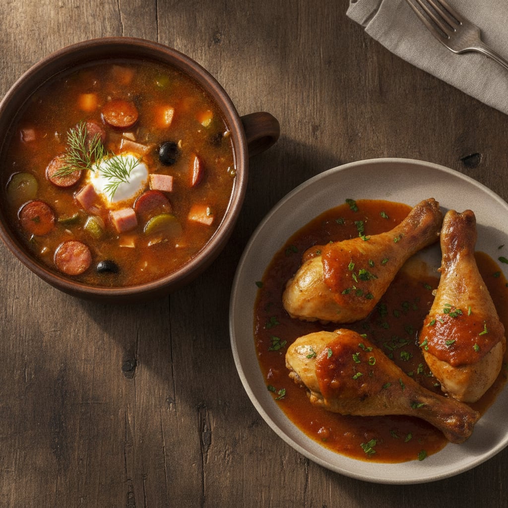 Soljanka & gebackene Hähnchenkeulen in Sauce